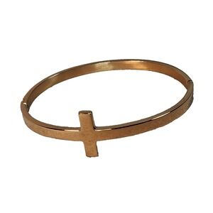 Gold Tone Stainless Steel Sideways Cross Bangle Bracelet Hinged Crossover 6.5
